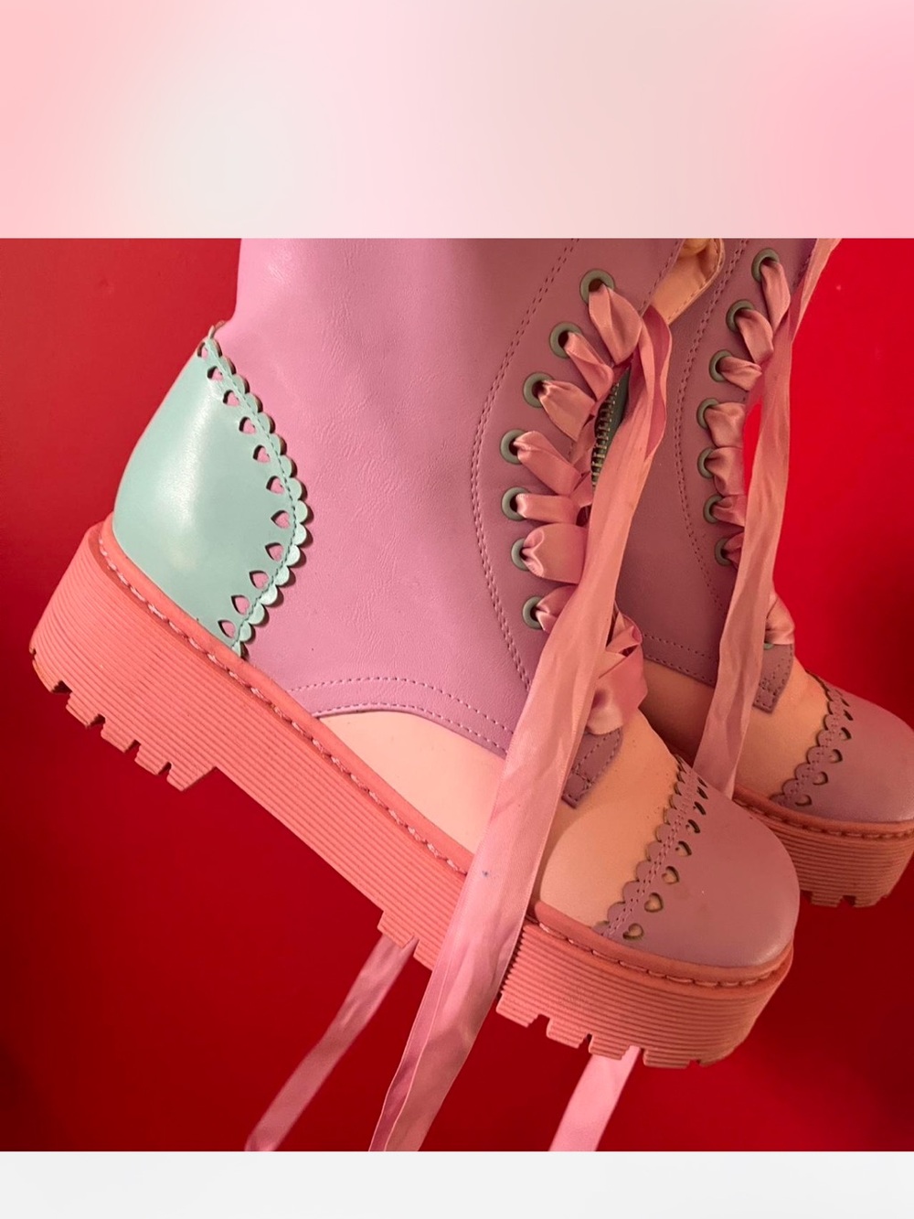 Dolls Kill Pastel Pink & Mint Platform Lace-Up Combat Boots
